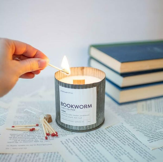 Bookworm Wood Wick Rustic Tin Soy Candle